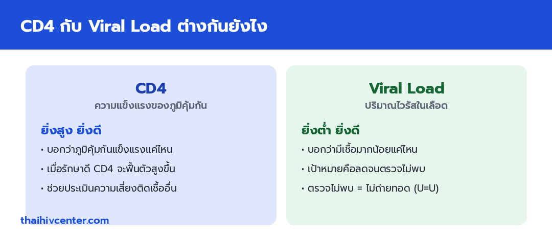 Infographic comparing CD4 showing immune strength where higher is better, and viral load showing the amount of virus where lower is better and undetectable is U=U