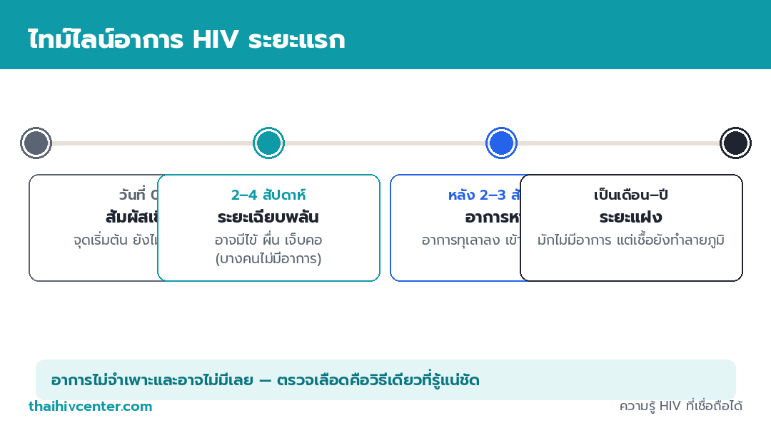 อินโฟกราฟิกไทม์ไลน์ตั้งแต่สัมผัสเชื้อวันที่ 0 ระยะเฉียบพลัน 2 ถึง 4 สัปดาห์ที่อาจมีอาการ อาการหายหลัง 2 ถึง 3 สัปดาห์ และเข้าสู่ระยะแฝงที่มักไม่มีอาการ