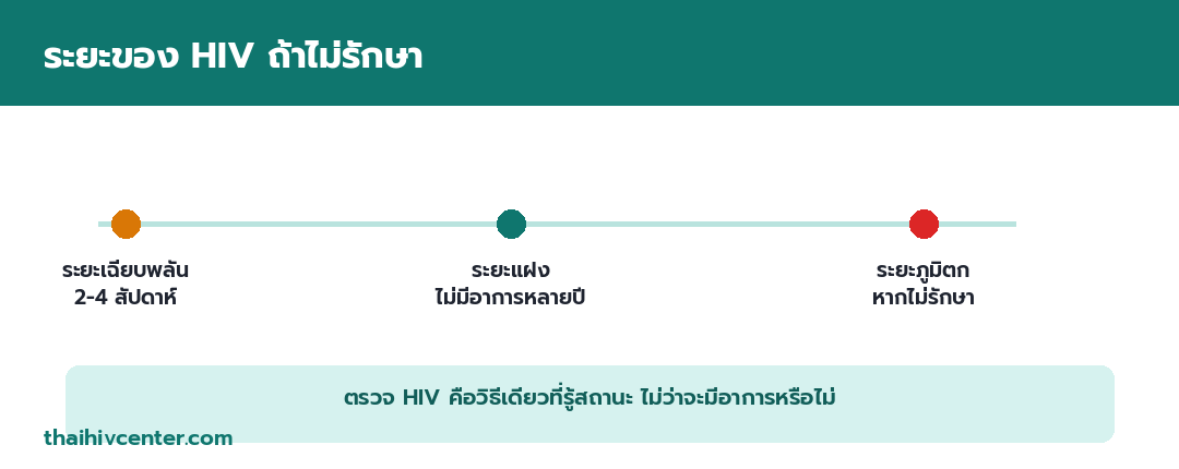 อินโฟกราฟิกระยะของ HIV ถ้าไม่รักษา ระยะเฉียบพลัน 2-4 สัปดาห์ ระยะแฝงไม่มีอาการหลายปี และระยะภูมิตกหากไม่รักษา