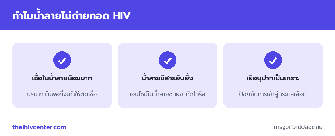 อินโฟกราฟิกอธิบายว่าทำไมน้ำลายไม่ถ่ายทอด HIV เพราะเชื้อในน้ำลายน้อยมาก น้ำลายมีสารยับยั้ง และเยื่อบุปากเป็นเกราะป้องกัน